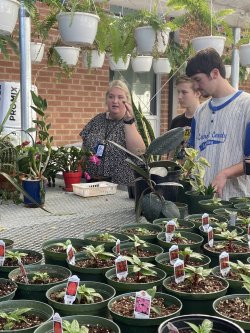Agricultural educator teaches students in greenhouse.